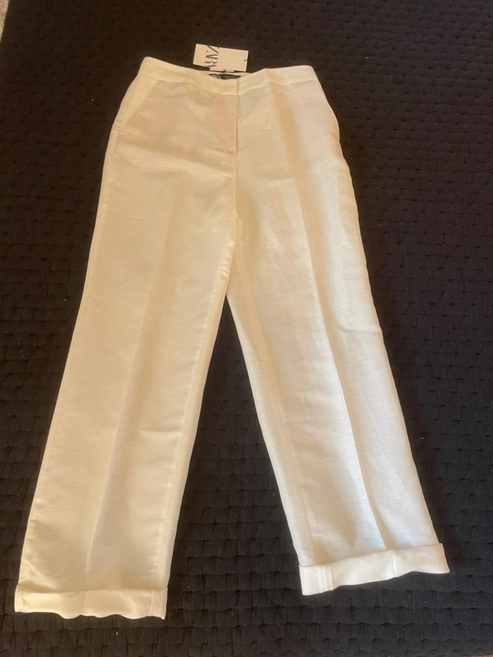 Zara Off-White Straight-Leg Linen-Blend Pants